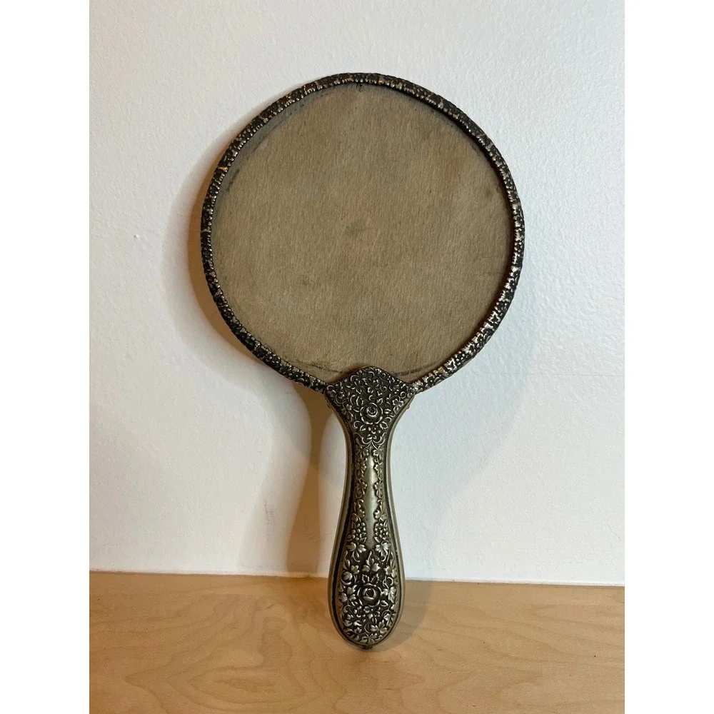 Vintage Ornate Handle Handheld Mirror Silver Tone Floral Etched Decor No Glass
